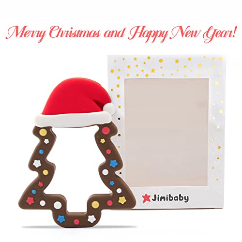 Image of Jimibaby Silicone Teether - First Christmas Teething Toy for Baby Boys & Girls, Ideal Stocking Stuffer, Comes with Gift Package (Christmas Hat & Chocolate)