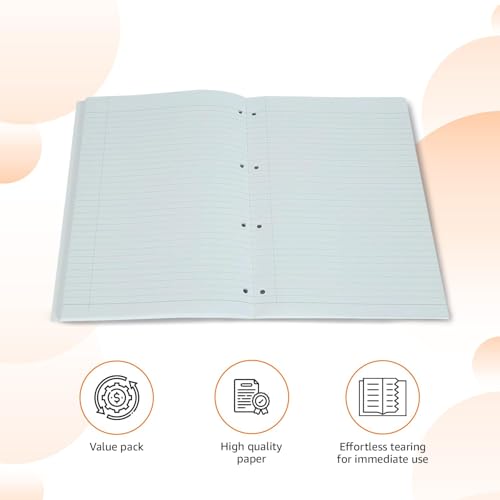 Image of amazon basics Loose Leaf Report Pad | A4 Size | Ruled | Pre Punched for Easy Filing | Easy Tear Off Sheets | Multi-Coloured Cover | Pack of 3 (100 Sheets Each)