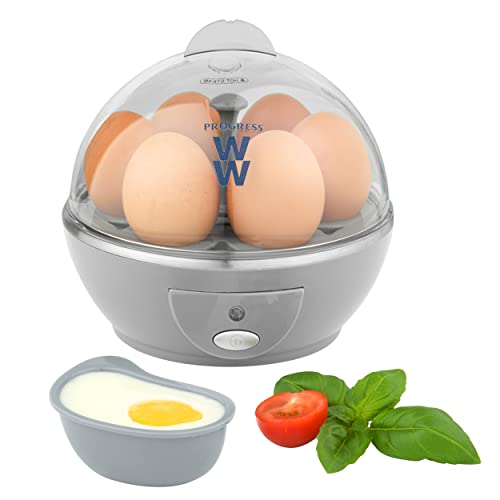 PROGRESS WW EK5255WW Electric Egg Cooker with 2 Poachers, 6 Egg Capacity, Soft or Hard Boiled, Poached, Breakfast, Brunch, Egg Piercer, Power On Button, 430 W