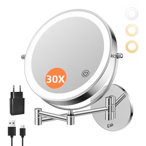 Famihomii 5000mAh Wiederaufladbar Kosmetikspiegel mit LED Beleuchtetung, 9 Zoll beidseitig 1X/30X Vergrößerung kosmetikspiegel wandmontage,3 Farbtemperaturen, Dimmbarer,360° Schwenkbar (Chrom) Famihomii 5000mAh Wiederaufladbar Kosmetikspiegel mit LED Beleuchtetung, 9 Zoll beidseitig 1X/30X Vergrößerung kosmetikspiegel wandmontage,3 Farbtemperaturen, Dimmbarer,360° Schwenkbar (Chrom)