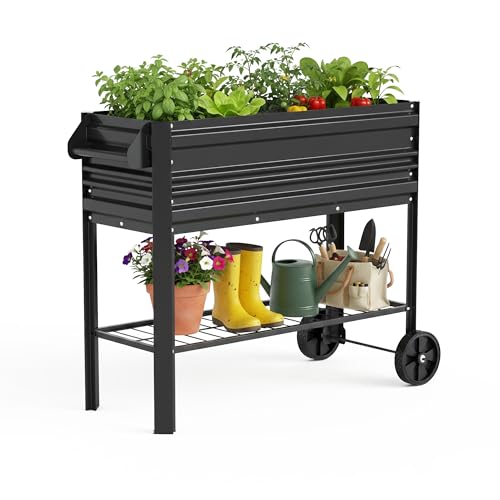 WORKPRO Galvanized Raised Garden Bed with Legs & Wheels 37x14.6x31.6in 400LB Capacity Elevated Planter Box for Garden Backyard Patio & Deck Black