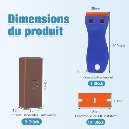 KASURE Hartwachs Reparaturset,8 Versch Farbtöne Wachskitt, Laminat Wachs Reparaturset, Holz/Parkett/Fliesen/Vinyl Reparaturset und ein Kleberentfernungsschaufel, 10 Ersatzklingen