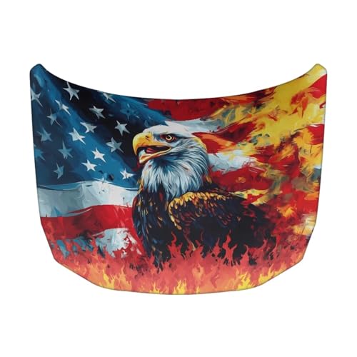 Image of USA Flag Eagle Flame Car Hood Cover for Compact Car SUV Truck Minivan, 59x39 Inch Stretchable Patriotic Decorations Waterproof Automotive Exterior Accessories