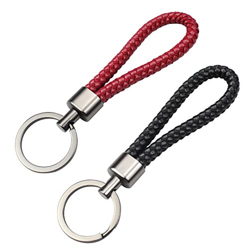 inodiref 2 Pièces Porte-Clés en Cuir Tressé Porte-clés de Voiture en Cuir Tressé PU Porte-clés de Voiture Multifonction Porte-clés pour Hommes et Femmes Pendentif Clé, Noir et Rouge