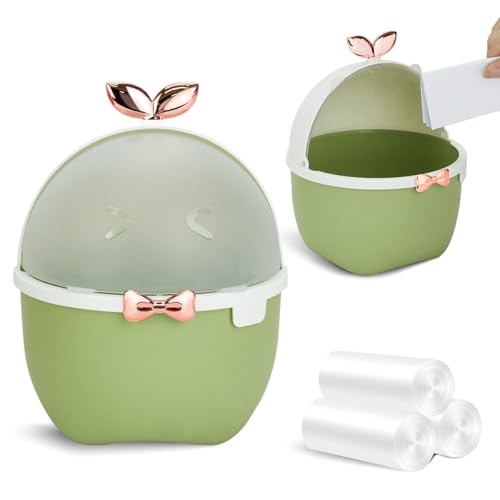 Mini Poubelle de Bureau avec Couvercle, Mignon Poubelle de Table et 3 Rouleaux de Sacs Poubelles, Animaux de Dessin Animé Corbeille Papier pour WC Enfant Voiture Cuisine, 19.5 * 15 * 15cm (Vert)