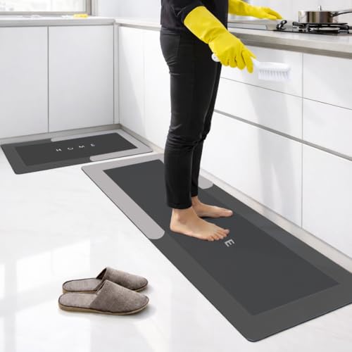 2Pcs Kitchen Mat Set with Shoes Brush & Gloves Kitchen Mat Floor Non Slip Kitchen Rug with Natural Rubber Backing Water Absorbent Washable Floor Mat(4060cm 40120cm Black) Door Mat for Bathroom