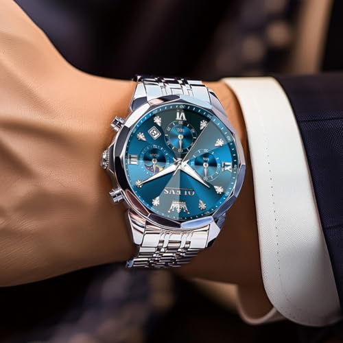 Image of OLEVS Watch for Men Luxury Gold Diamond Chronograph Business Wristwatch with Analog Quartz, Date Calendar, Stainless Steel Band, Luminous Hands, Waterproof
