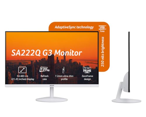 Image of Acer SA222Q G3 21.5 Inch Full HD IPS Monitor | 120Hz Refresh | 1ms VRB | AdaptiveSync | Ultra Slim 7.2mm ZeroFrame | Built-in Dual Speakers | HDMI & VGA | VisionCare | VESA Mount | Tilt Option | White
