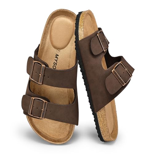 Image of mysoft Womens Flat Sandals Cork Footbed Slides with 2 Straps | Adjustable Buckle Slip On Comfortable Casual Light Weight Summer sandals