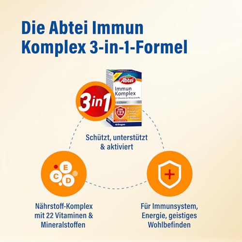Abtei Immun Komplex - Nährstoff-Komplex mit 22 Vitaminen & Mineralstoffen - 3-in-1 Formel für Immunsystem, Energie und geistiges Wohlbefinden - Glutenfrei, gelatinefrei & laktosefrei – 1 x 40 Dragees