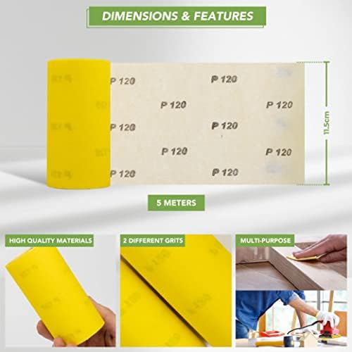 BLOSTM Sandpaper Roll 2 Pack - 120 Grit Sandpaper & 180 Grit Sandpaper Rolls - Medium & Fine Abrasiveness Sandpaper for Wood, Metal, Plastic - Professional Finish Rolls of Sandpaper - 5 Meters Each