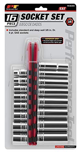 Performance Tool W38305 Chrome Vanadium 3/8" Drive Sae Socket Set, 16 Piece, With Standard And Deep Wall 6Pt Sockets #TOP18