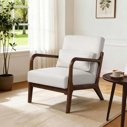 Premurehom Mid Century Accent Chair, Comfy Arm Chair with Solid Wood Frame, Upholstered Modern Chair for Living Room Bedroom Waiting Room, Beige