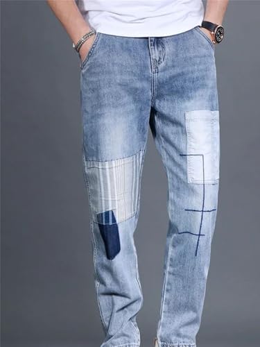 Men’S Retro Cowboy Loose Fit Straight Leg Patchwork Denim Pants Button Fly Midweight Ankle Length Work Wear Jeans4