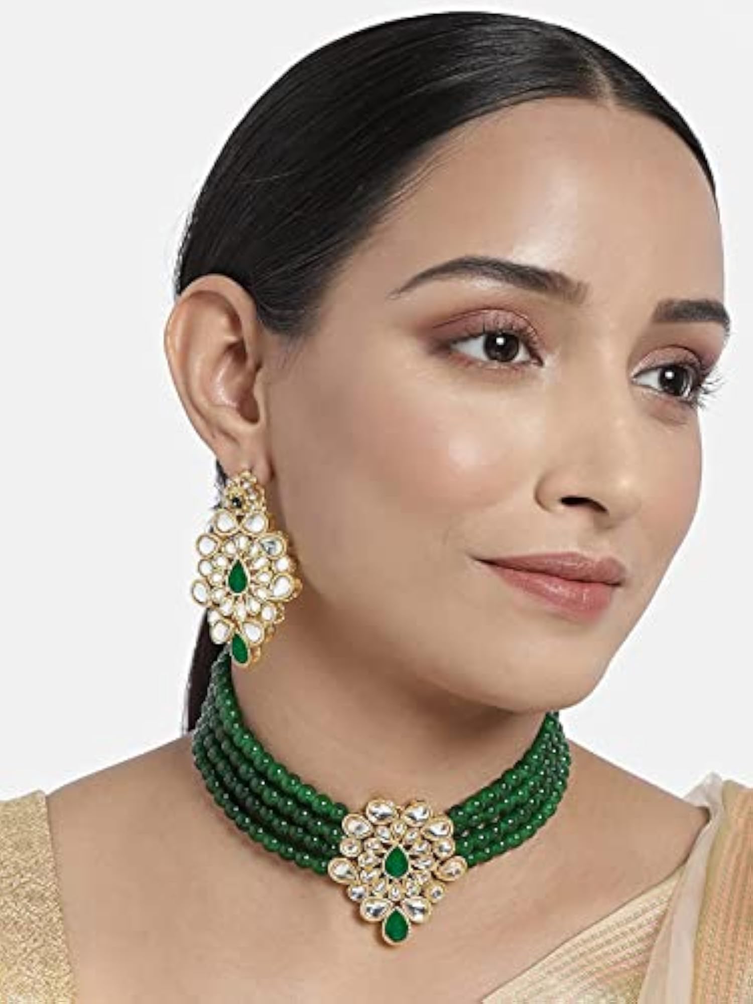 Plated Kundan Studded Choker Necklace & Dangle Earrings Set