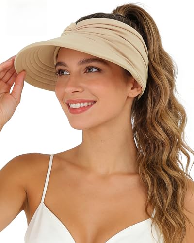 Durio Sun Hats for Women - UV Protection Wide Brim Visor Hat Ponytail Beach Hats Foldable Golf Visor Beige One Size