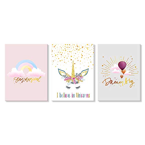Unicorn Wall Art Girls Bedroom Decor Rainbow Pink Kids Canvas Prints Motivational Colorful Hot Air Balloon Cartoon Unicorns Framed Pictures For Teen Girl Women Nursery Bathroom Decor 12"X16"X3 Pcs #TOP1