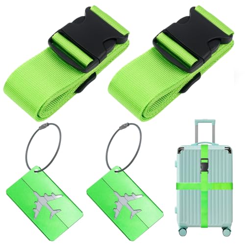 Correas para Maleta (2 Piezas), con 2 Etiqueta de Maleta, Correas de Equipaje Ajustables, para reconocer fácil el Equipaje, Bolsa de Viaje, 5 x 200cm, Verde