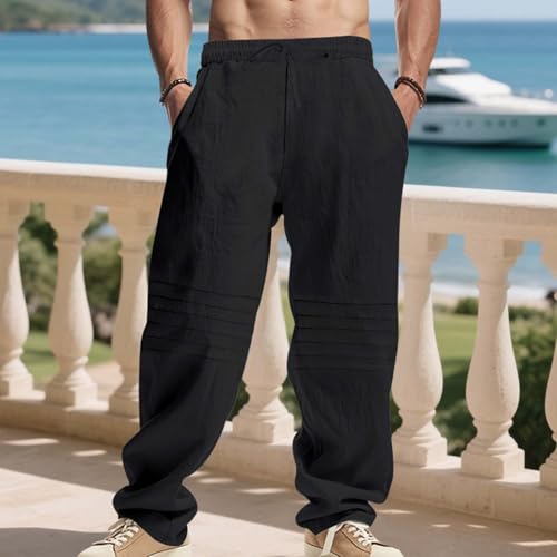 Men's Linen Pants Casual Loose Cotton Trousers Drawstring Elastic Waist Summer Beach Wide Leg Lightweight Pants 20252