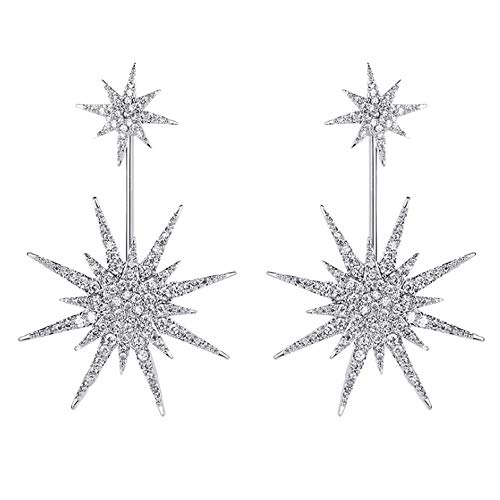 Starburst Cz Snowflake Dangle Drop Earrings For Women Girls Sensitive Ear 925 Sterling Silver Stud Post Fashion Dainty Lucky Star Dangling Hanging Jewelry Hypoallergenic Gifts Bff Xmas(Big Silver) #TOP17