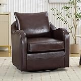 INZOY Swive Leather Accent Chair Mid Century Accent Chair with Pillow, Barrel Swivel Chairs for Living Room, Swivel Chair with Soft Cushion, Brown