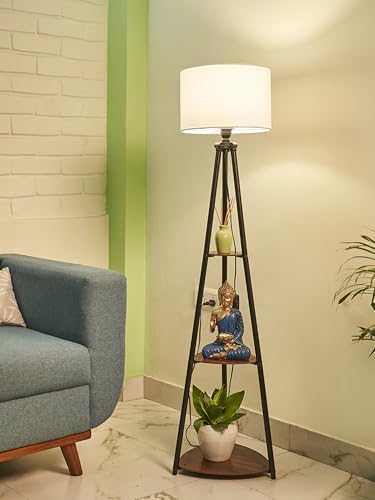 Tripod Floor Lamp with 3-Tier Display Shelves (White)
