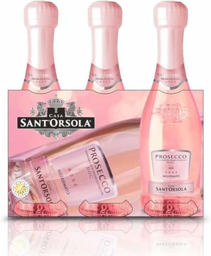 Sant'Orsola - Mini Bottiglie Prosecco D.O.C. Rosè Millesimato Extra Dry, da Uve Glera e Pinot Nero, Gusto Delicato con Note Fruttate e Floreali, 3x200 ml