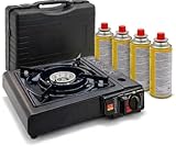 Fabona Gaskocher mit 4 Kartuschen - Campingkocher 2,2 kW mit Piezozündung - Camping Gaskocher mit Transportkoffer - Kartuschenkocher - Gas Kocher für Camping, Outdoor, Stromausfall