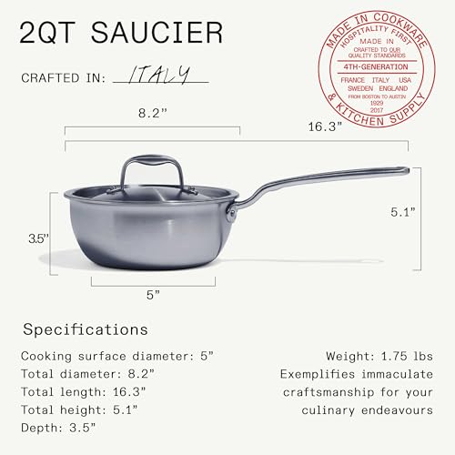 Image of Made In Cookware - 2 Quart Stainless Steel Saucier Pan - 5 Ply Stainless Clad - Professional Cookware - Crafted in Italy - Induction Compatible