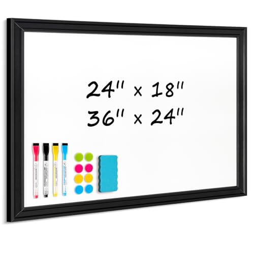 DOLLAR BOSS Magnetic Whiteboard for Wall 24" x 18" Vintage Wood Framed White Board Decorative Dry Erase Board for Home Office Shop Decor Display with 4 Markers, 8 Magnets, 1 Eraser, Black