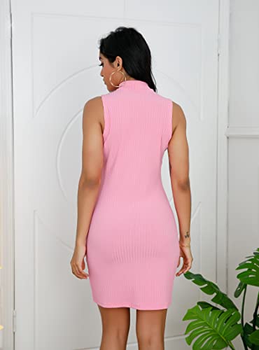 Laximu Women's Summer Sleeveless Bodycon Dresses V Neck Slim Fit Party Club Sexy Mini Dress Pink #TOP4