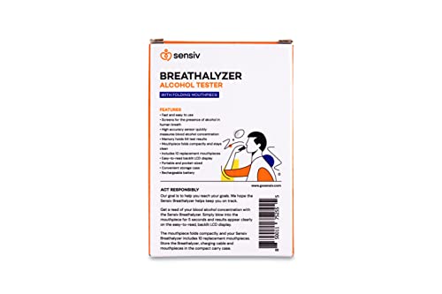 Sensiv Portable Breathalyzer,Professional-Grade Accuracy Alcohol Tester, Lcd Display, Rechargeable Battery With 10 Mouthpieces #TOP7