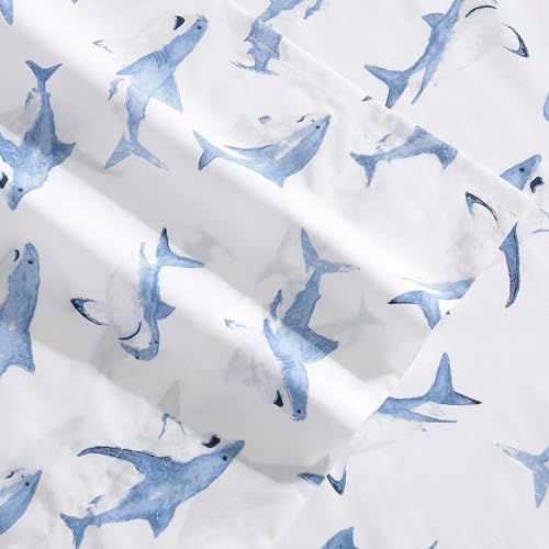 Image of Poppy & Fritz - Full Size Sheet Set, 100% Long-Staple Percale Cotton Bedding, Crisp & Cool, Deep Pockets, Bed Sheets with Matching Fitted Sheet & Pillowcases (Shark Attack Blue)
