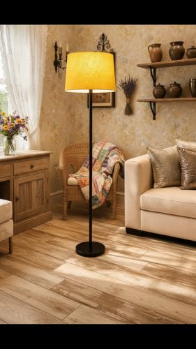 Image of Modern Floor Lamp with Fabric Shade, Metal Base, Red | Standing Lamp, Living Room & Bedroom, Warm Ambient Lighting, Home Decor (Yellow)