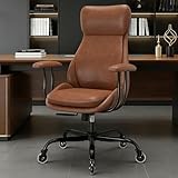 E-Motie Home Office Desk Chair, PU Casters Ergonomic Computer Chair with Lumbar Support, Adjustable Height, 360°Rolling Swivel Chair, High Back Executive Task, Padded Armrests Chair, Brown Leather