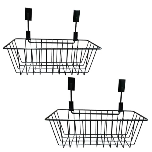 Image of Go Hooked Metal Wire Multipurpose Over Door Basket Hanging Cabinet Storage Organizer Bin for Kitchen Pantry Bathroom Black Space Saving Durable Heavy Duty Compact and Durable Set of 2