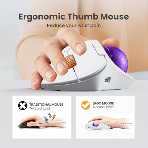 Image of ProtoArc Wireless Trackball Mouse, EM04 Ergonomic Bluetooth Rollerball Mouse Rechargeable Computer Laptop Mouse Thumb Control Mice, Compatible with PC, iPad, Mac, Windows-White Mouse Violet Ball