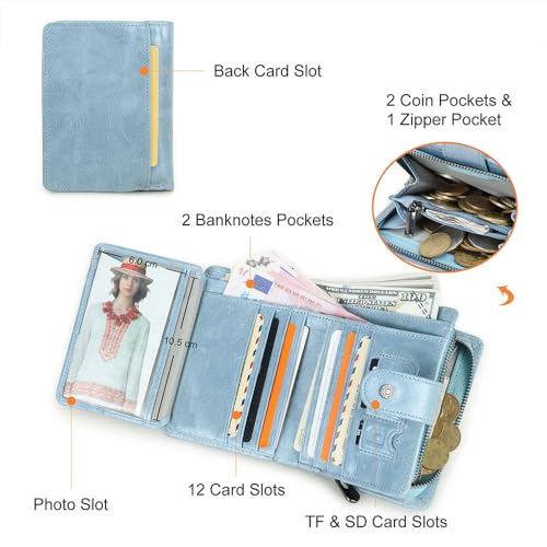 Contacts Womens Leather Bifold Wallet Small Zipper Coin Purse 12 Slot Card Holder Travel RFID Wallets (Light Blue)4