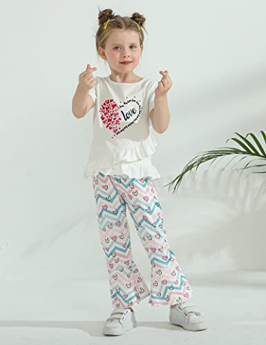 Puseky Toddler Baby Girl Clothes 2T 3T Bell Bottoms Outfits Heart Print Short Sleeve Ruffle Shirt Flared Pants Girls Summer Outfits White #TOP3