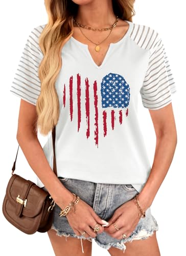 T-shirt manches courtes femme col V avec imprimé drapeau américain durable