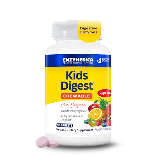 Enzymedica Kids Digest - Chewable Digestive Enzyme Supplement for Kids Daily Digestion & Gut Health Support Helps Break Down Fiber Protein & Carbs Fruit Punch Flavor Sugar Free - 90 Tablets