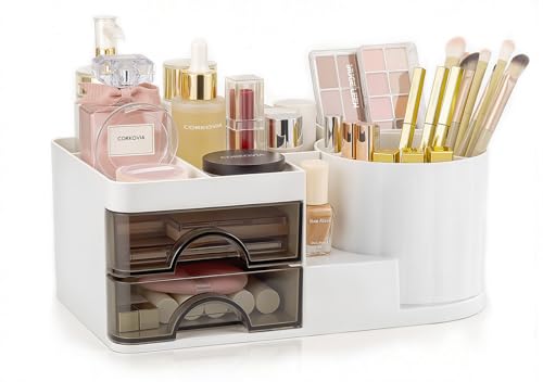 CORKOVIA Organizador de Maquillaje con Cajones, Almacenaje Cosméticos Multifuncional Giratorio de 360°, Makeup Organizer para Pinceles, Pintalabios, Cremas, Ideal para Baño,Tocador y Escritorio,Blanco