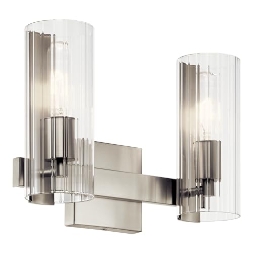 Image of Kichler Jemsa 2-Light Bathroom Vanity Light Fixture with Clear Fluted Glass in Brushed Nickel for Modern Bathroom or Powder Room Over Mirror (9.75 inch x 13.75 inch), 55167NI