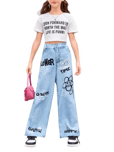 Image of Floerns Girl's Casual Letter Print Elastic Waist Wide Leg Long Pants