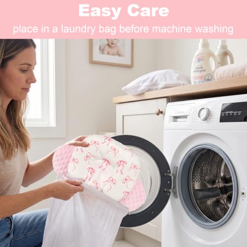 Image of Infant Car Seat Insert for Newborn Girls, Extra Thick & Soft Minky Preemie Car Seat Head Body Support Cushion with Strap Pads, Perfect for Stroller, Baby Swing, Bouncer, 2-in-1 Reversible, Pink Bow