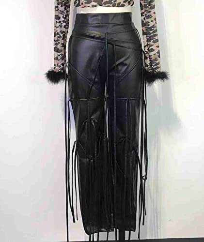 xxxiticat Women's Lace Up Bandage Trousers Mid Waist PU Faux Leather Tassel Fringe Criss Cross Drawstring Bodycon Pants3