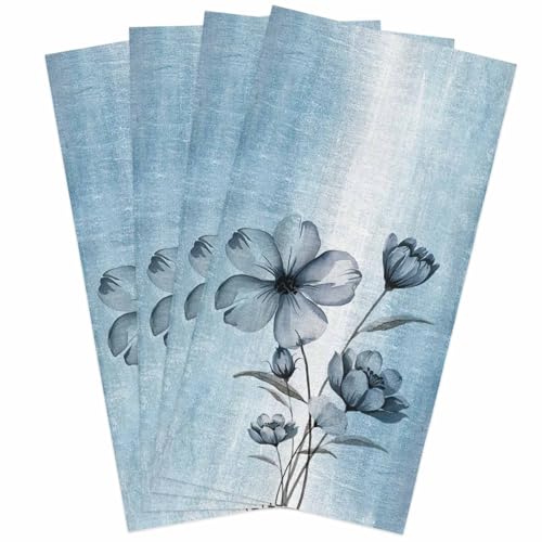 Image of Spring Floral Kitchen Towels, Blue Ombre 18x28 Inch Soft Kitchen Dish Cloth, Retro Flowers Home Decor Cotton Linen Tea Towels /Bar Towels /Hand Towels 4 PCS