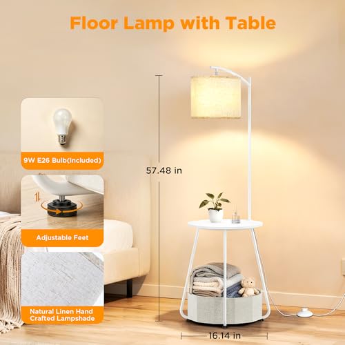 Image of LUTEC Floor Lamp with Table, Night Stand with Lamp, Round SideTable with Fabric Basket, 3 Color Temperatures 9W LED Bulb, Modern End Table for Bedroom, Living Room, White