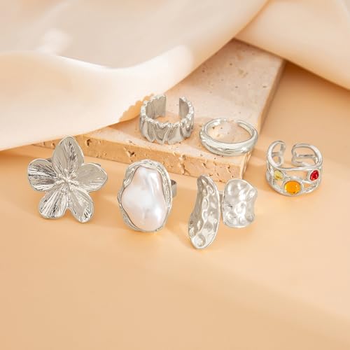 XFSRG 6 Stück Set Klobige Ringe für Damen Vintage Offene Statementringe Stapelbar und Anlaufgeschützt mit Blumen und Perlen Design Ideales Sommerschmuck Geschenk (Silber)