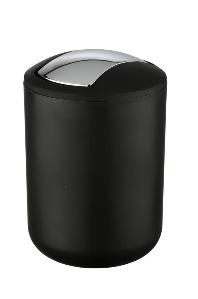 Wenko Papelera para cosméticos Brasil S, capacidad de 2 litros, papelera de baño con tapa abatible, papelera pequeña de plástico irrompible, sin BPA, Ø 14 x 21 cm, negra